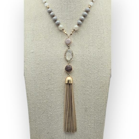 Loft Beaded Tassel Necklace Gold Gray Beads Statement Jewelry - Picture 2 of 8